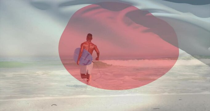 Carrying surfboard, surfer entering ocean with pink animation overlay