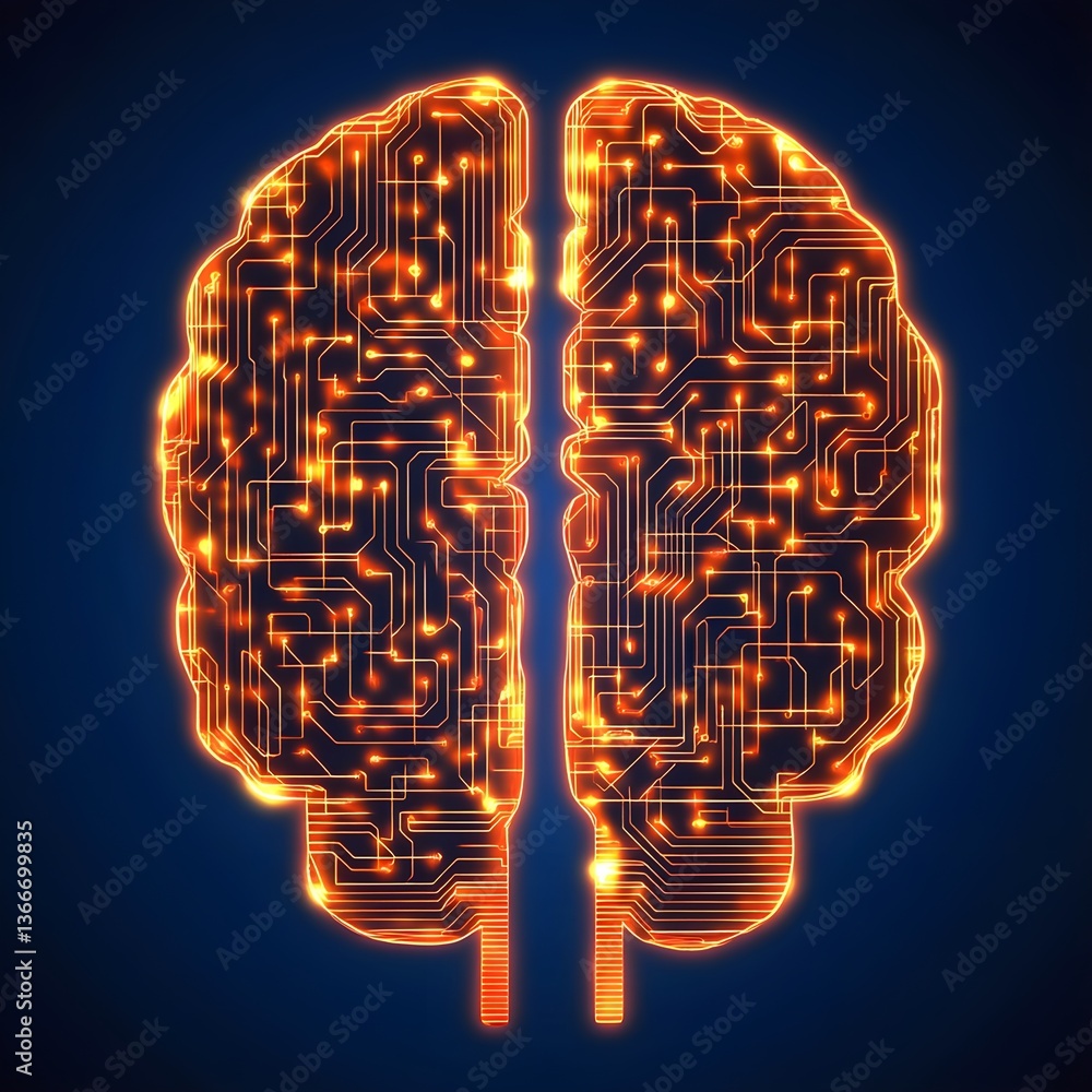 Poster a digital brain made of glowing orange lines and circuit patterns, set against an indigo background 