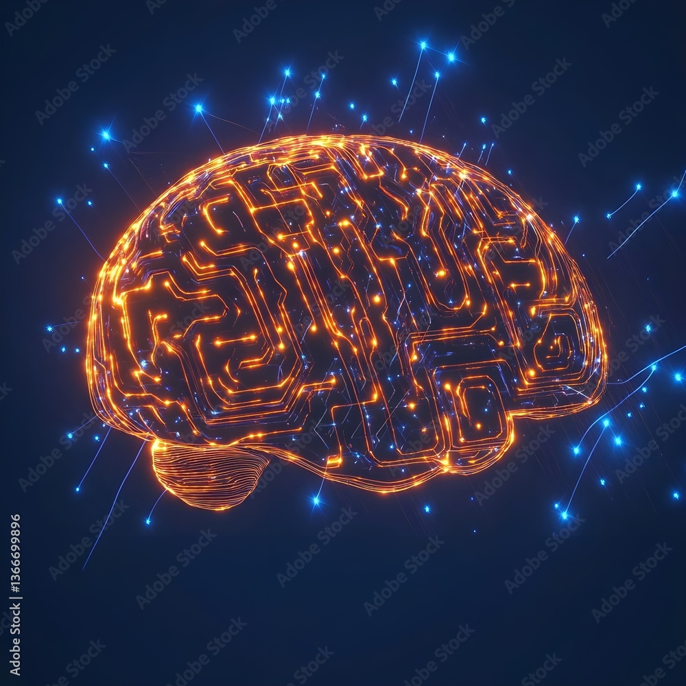 Poster a digital brain made of glowing orange lines and circuit patterns, set against an indigo background 