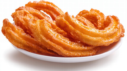 Fototapeta premium Delicious golden churros arranged beautifully on white plate, showcasing their crispy texture and sugary coating, perfect for dessert lovers