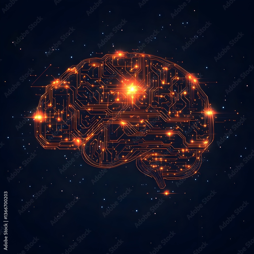 Poster a digital brain made of glowing orange lines and circuit patterns, set against an indigo background 