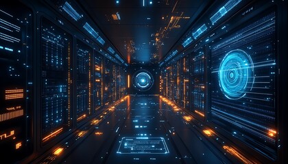 A futuristic data center hallway filled with glowing digital displays