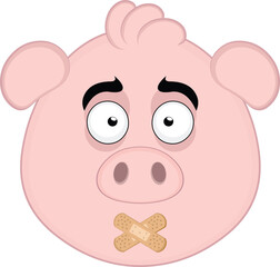 vector illustration emoji character face pig cartoon, with adhesive strips on the mouth in concept of keeping silent or shutting up