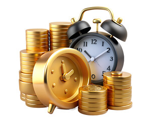 A concept of time is money shown with stacks of gold coins and two clocks on an isolated background transparent background