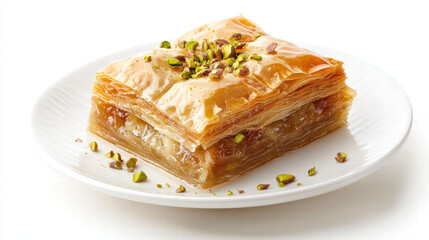Delicious Turkish baklava with flaky layers of phyllo dough, filled with nuts and drizzled with syrup, garnished with crushed pistachios, perfect for dessert lovers