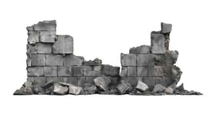 Historic Brick Wall Ruins with Eroded Structure Isolated on Transparent Background