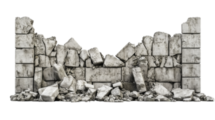 Decayed Brick Wall Fragment, Ruins and Rubble Isolated on Transparent Background