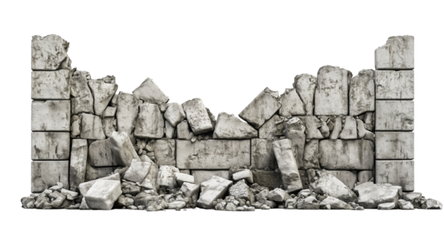 Decayed Brick Wall Fragment, Ruins and Rubble Isolated on Transparent Background