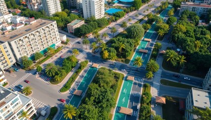 Naklejka premium High Angle View Of City Streets With Lush Green Spaces And Buildings