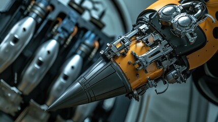A robotic arm in an advanced aerospace lab, assembling precision rocket components with AI-driven accuracy for space exploration, Space-tech style