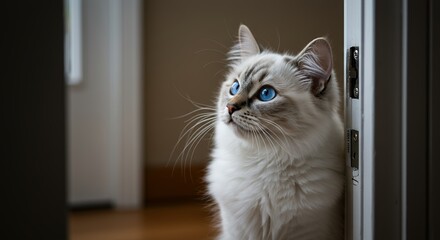 Ragdoll Cat Looking Upward with Intense Blue Eyes in Doorway