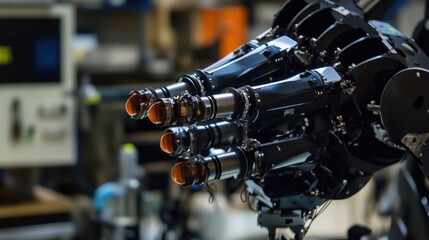 Fototapeta premium A robotic arm in an advanced aerospace lab, assembling precision rocket components with AI-driven accuracy for space exploration, Space-tech style