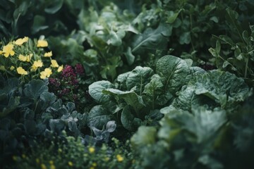 Lush Garden of Winter Greens and Flowering Herbs with Morning Dew