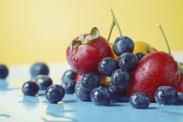 Fresh Strawberries & Blueberries Pile, Water Droplets Reflecting Light on Blue Surface, Yellow Background, Refreshing Fruit Still Life
