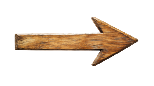 Handcrafted Wooden Arrow Sign Pointing Right with Unique Design and Carefully Carved Isolated on Transparent Background