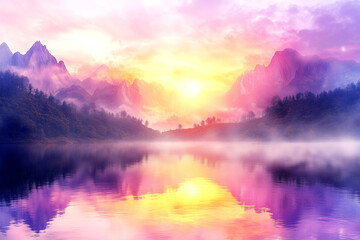 Fototapeta premium A Serene and Peaceful Landscape of a Misty Mountain Range at Sunrise