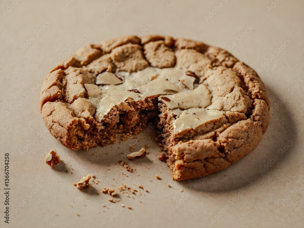 Poster close-up of a broken pfeffernusse cookie with a spiced interior, isolated on a soft beige background