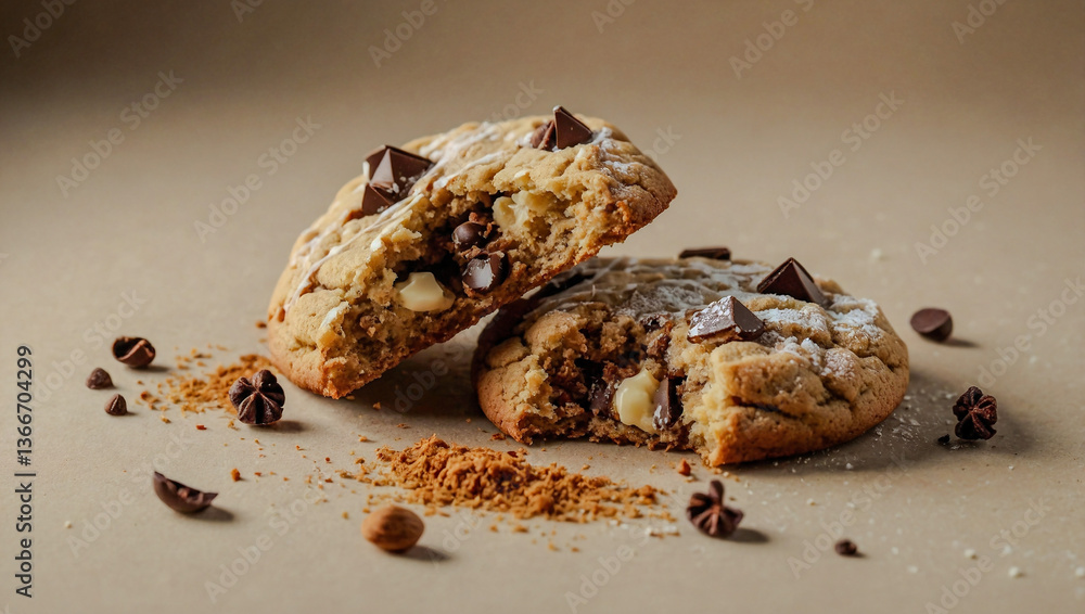 Poster close-up of a broken pfeffernusse cookie with a spiced interior, isolated on a soft beige background