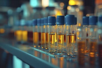 Laboratory Sample Tubes, Amber Liquid Inside, Pharmaceutical Research and Development, Medical Analysis Equipment