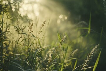 Obraz premium Misty Morning Sunlight Shines Through Tall Grasses and Plants in a Peaceful Green Meadow