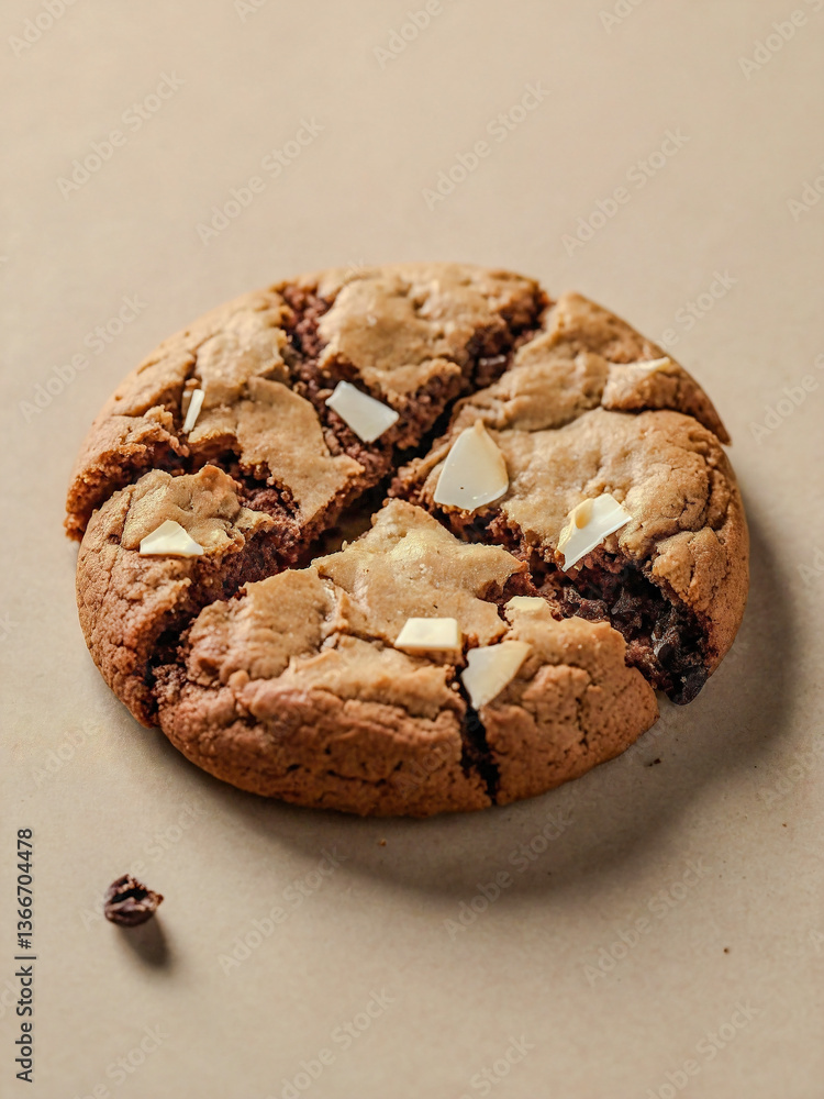Poster close-up of a broken pfeffernusse cookie with a spiced interior, isolated on a soft beige background