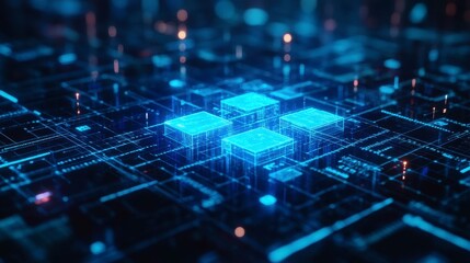 Abstract Digital Background with Glowing Blue Blocks and Grids