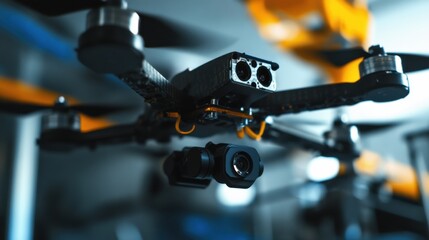 A robotic arm in an advanced drone manufacturing facility, assembling ultra-lightweight surveillance drones with AI-powered navigation, Military-tech style