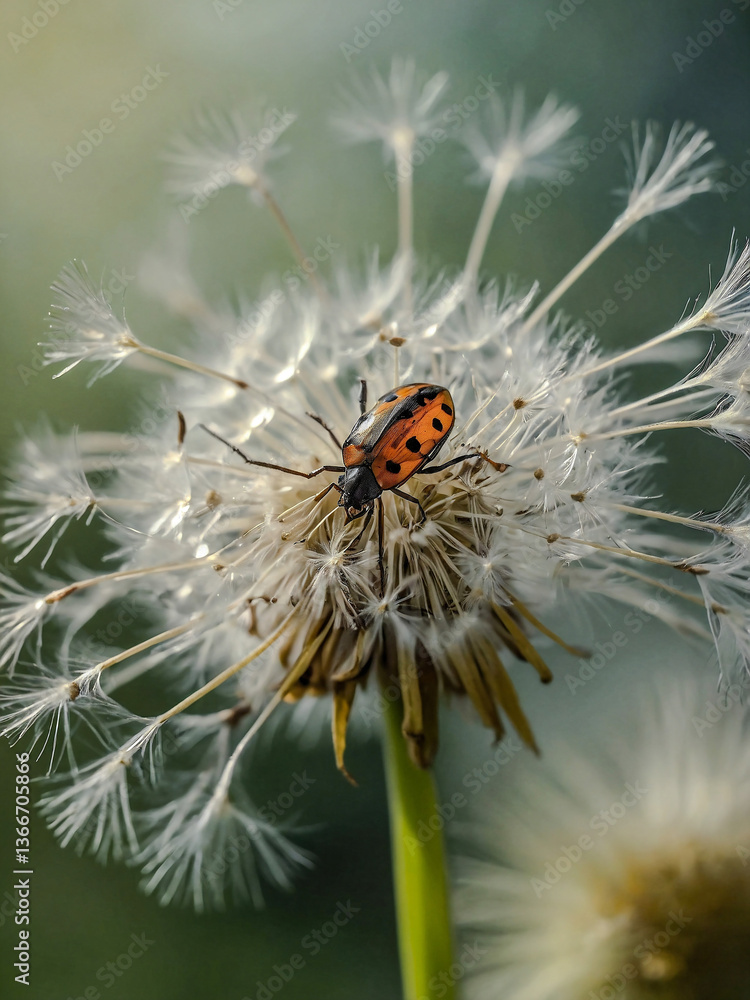 Poster close-up of a bug inside a dandelion puff