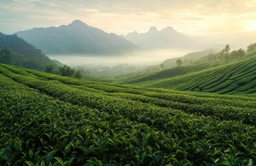 Fototapeta premium Tea Plantation Hills with Mist in Valley at Sunrise Landscape
