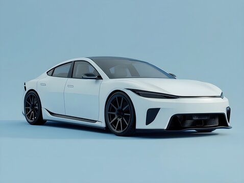 3D rendering of a white electric car isolated on a blue background, in a minimalist style with soft lighting and high resolution.