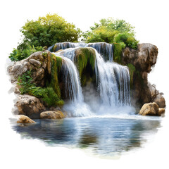 Fototapeta premium Serene Waterfall Cascading from a Mountain Cliff with Crystal Clear Water and Lush Green Moss on Rocks