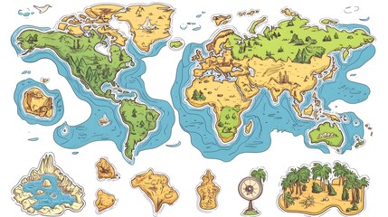 Detailed 2D Cartoon Object of a Simplified World Map for Educational Purposes