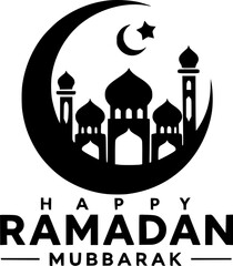 Simple black and white Happy Ramadan Mubarak logo with mosque and crescent moon.
