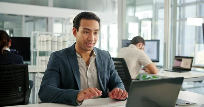 Business people, laptop and man in office, medicine sellers and sales consultant with internet. Pharmaceutical supplier, representative for antibiotics or employee with pc or email for online order