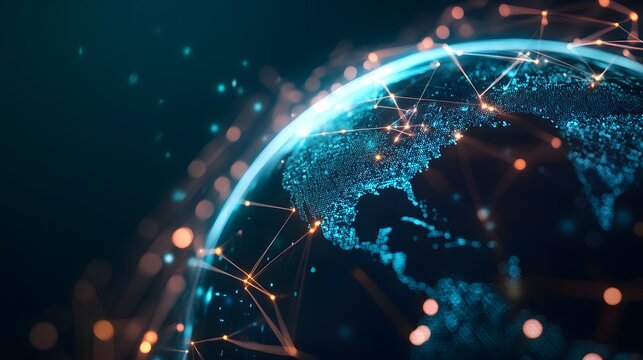 Abstract 3D globe with glowing connection lines, symbolizing global connectivity and digital networks