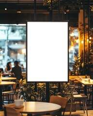 Displaying Blank Poster Frame in Modern Cafe Restaurant Interior Setting