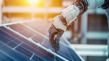 A robotic arm in an advanced solar panel factory, placing photovoltaic cells onto smart roofing materials for energy-efficient homes, Renewable-tech style