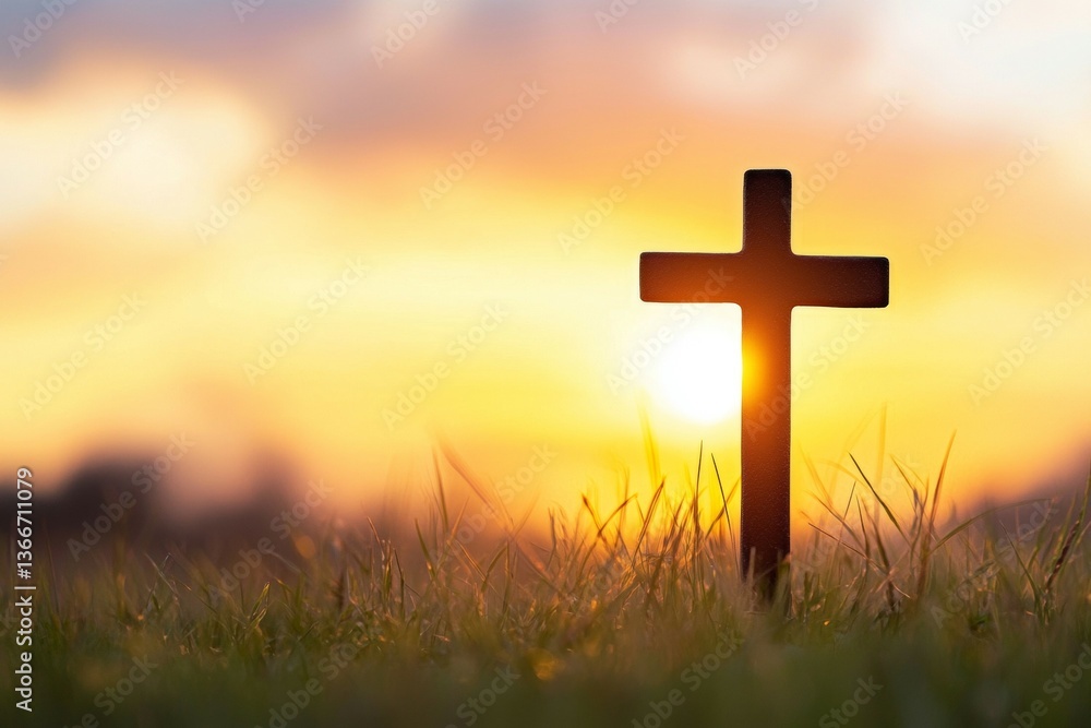 Poster cross is standing in a field of grass with the sun shining on it