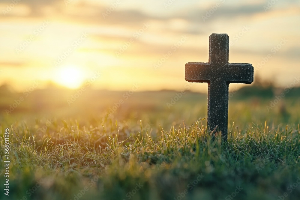 Aufkleber cross is standing in a field of grass with the sun setting in the background