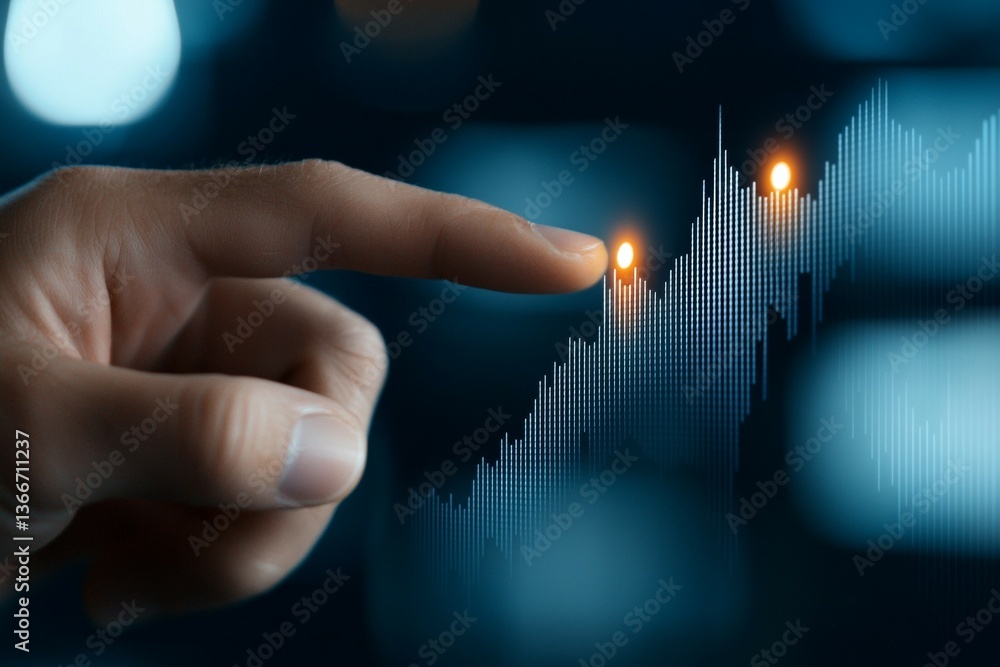 Poster a hand pointing at a graph with two orange lines