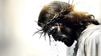 Man Wearing Crown of Thorns Looking Down with Light Effect