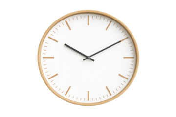 Wooden clock with a white face and black hands showing the time of 11:30, isolated