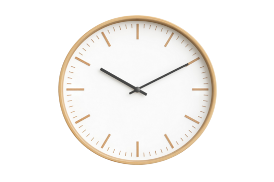 Wooden clock with a white face and black hands showing the time of 11:30, isolated