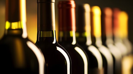 Elegant row of wine bottles, soft light enhancing textures, a refined display of sophistication and craftsmanship
