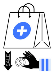 Shopping bag with medical symbol, hand holding coin, and downward sale arrow. Ideal for healthcare, pharmacy, e-commerce, discounts, affordability retail budgeting. Flat simple metaphor