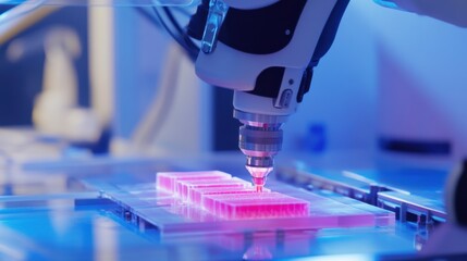 A robotic arm in an AI automated bio printing facility, layering living cells to create synthetic human tissues, Bio-printing style