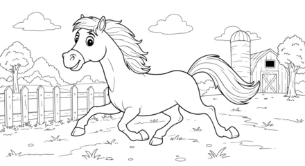 Fototapete Playful pony running in a farm scene for children's coloring book   © Len_mik