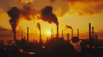 Fototapeta premium Factory Silhouette with Pollution at Sunset Environmental Concerns Industrial Landscape