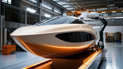 A robotic arm in an AI controlled clean energy factory, assembling advanced wind turbine blades with ultra-lightweight materials, Energy-tech style