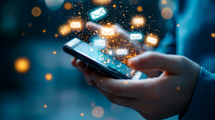 Connected Communication: A person's hands hold a smartphone that appears to be sending and receiving data. Surrounded by a stream of digital message icons, the scene speaks of modern communication.